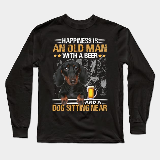 Happiness Is An Old Man With A Beer And A Dachshund Sitting Near Long Sleeve T-Shirt by Magazine